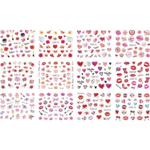 UPRETTEGO 12 PACK/ LOT WATER DECAL NAIL ART NAIL STICKER VALENTINE WEDDING KISS HEART LIP FLOWER ROSE DIAMOND BN745-756