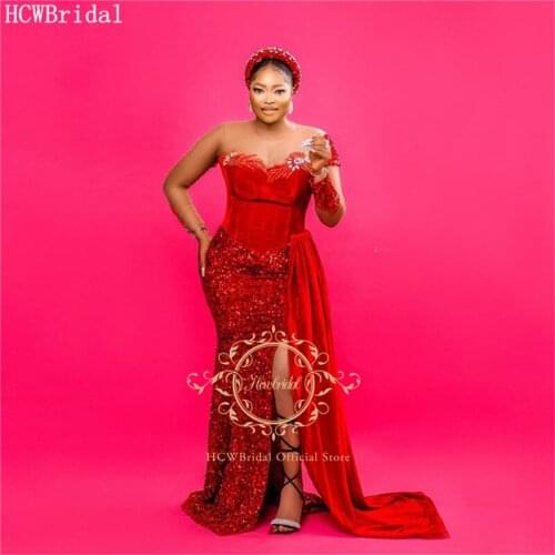 South African Red Long Sleeves Evening Dress With Tail See Through Shiny Beads Sequins Plus Size Black Women Party Evening Gown