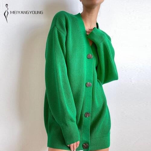 MEIYANGYOUNG Lantern Sleeve Cardigan Women V-neck Solid Button Oversize Sweater Coat Knitted Cardigan Jacket Long Winter Clothes