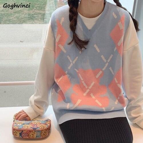 Oversize Sweet Girl Sweater Vest Women Argyle Sleeveless V-neck Jumpers Student Preppy Style Baggy Ulzzang Leisure Knitwear Cute