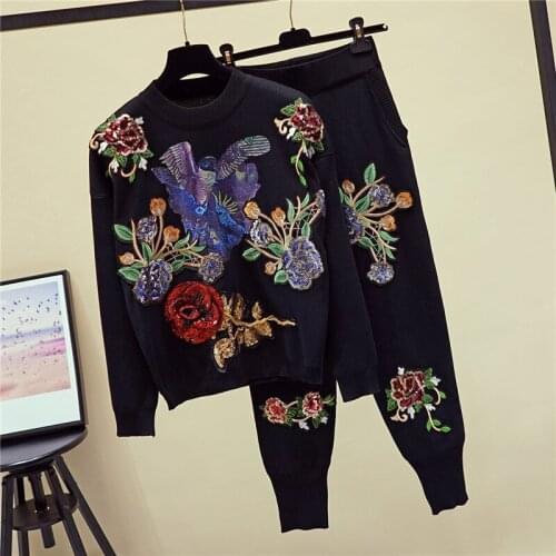 Handmade Sequin Flowers Bird Print Knitted Tracksuit Sets Women O Neck Knit Tops Pencil Pants Casual 2pc Outfits Knitwear Female