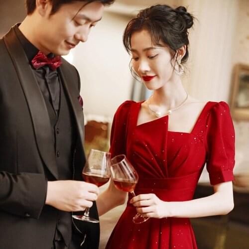 Women Elegant Short Sleeve A-Line Party Dress Womens Burgundy Square Neck Toast Clothing Vestidos