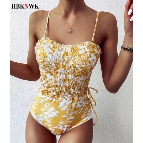 2020 Sexy Bandage One-Piece Swimsuits Yellow Floral Swimwear Girl Swimming Suit For Women Beach Bathing suits Monokini Beachwear