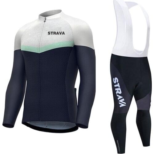 STRAVA Long Sleeve Cycling Jersey Men Cycling Clothes Cycling Jersey Bib Shorts Set MTB Road Racing Suit Bike Wear Ropa Ciclismo