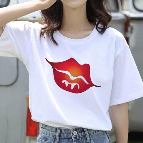 Sexy Lips women t-shirt summer short sleeve Tshirt Women Kawaii Red lips Tumblr Harajuku Aesthetic white tshirt Top Tees