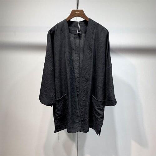 Original Japanese collarless design in summer, light weight cotton and hemp loose 7 / 3 sleeve suit, simple thin coat for mens