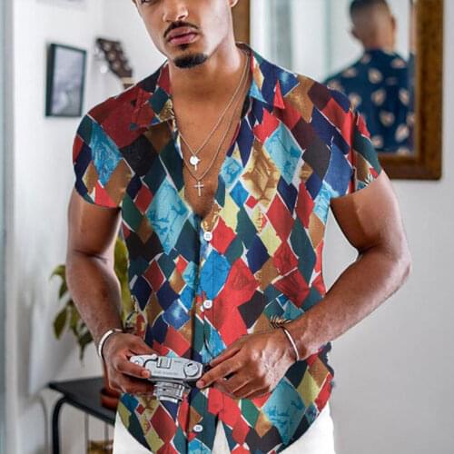 Mens Retro Plaid Printed Casual Personality Shirt Ethnic Style Short Sleeve Lapel Neck Hawaiian Shirt Summer 2021