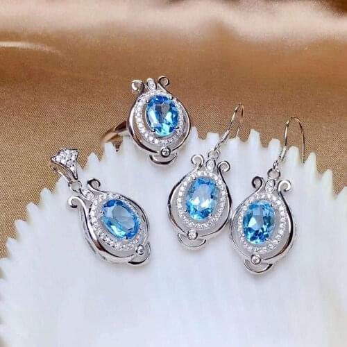 Real Natural Topaz jewelry set Natural Real Topaz 925 sterling silver 1pc pendant,1pc ring,2pcs Earring