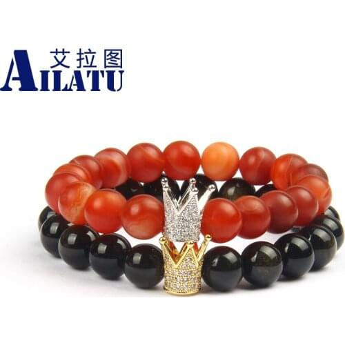 New Couples Cz King Crown Sets Bracelets 10mm Gold Obsidian Stone & Matte Red Onyx Beads Drop Shipping Men Jewelry