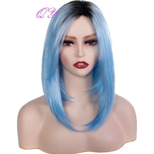 QY Hair Bob Wig Short Straight Synthetic Black Omber Blue Color Cosplay Wigs For Black Women Natural And Pliable Hair