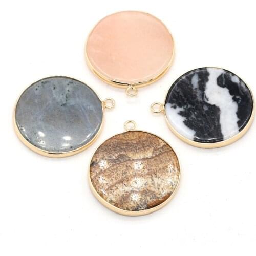 Natural Crystal Stone Pendant Round Agates Pink Aventurines Picture Stone Charms for Jewelry Making Necklace Bracelet Gift