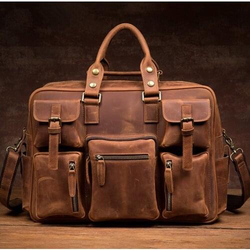 Mens Vintage Crazy Horse Genuine Leather Briefcase 16" Real Leather Business Bag Cowhide Laptop Messenger Bag Large Travel Tote