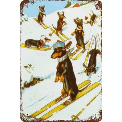 Retro Vintage Metal Tin Sign Dachshund Dogs Skiing Vintage Illustration Wall Plaque Poster Cafe Bar Beer Pub