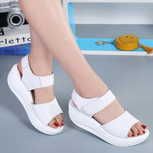 Women Shake Shoes Fashion Women Summer Sandals Thick Wedges Slope Platform Head Leather Sandals Women Shoes
