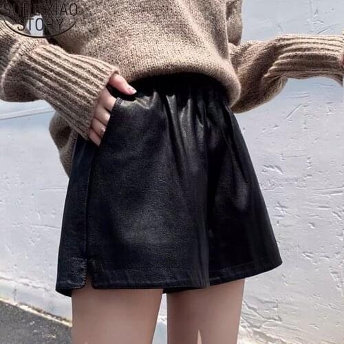 2021 Winter Shorts Women Fashion Black Wide Leg Shorts High Waist Loose PU Leather Short Femme Pantalon Corto Bottoms 11267