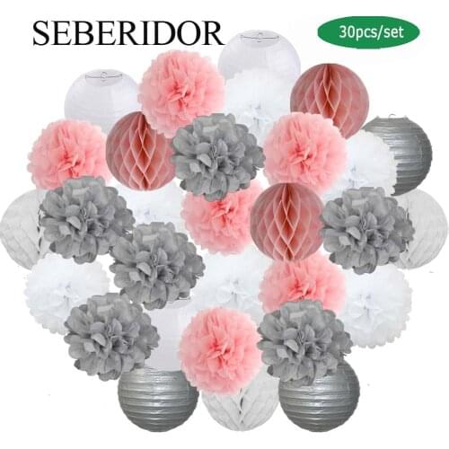 Wedding Events Decoration 8" 10" 12" Gold Silver Round Paper Lantern Baby Boy Girl Mi Primera Comunion Party Favor Tissue Pompom
