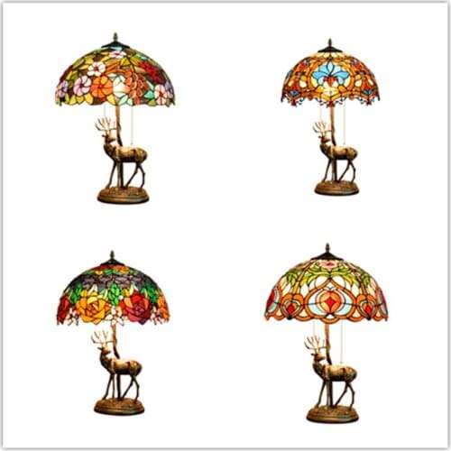 American Elk Retro Pastoral Peach Tiffany Stained Glass Living Room Dining Room Bar Bedroom Bedside Table Lamp Diameter 40cm E27