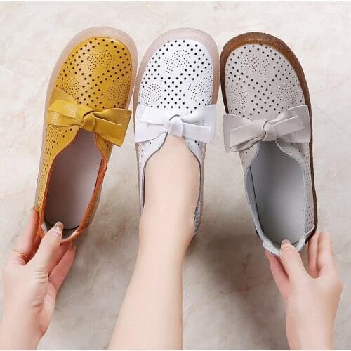 Leather summer hollow womens shoes flat bottom new casual shoes single shoes female round head soft bottom mother shoes bow