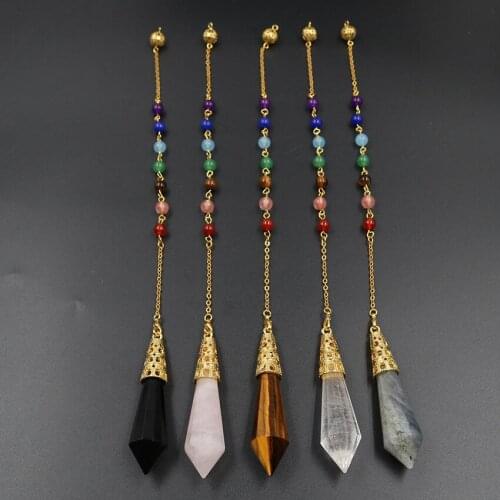 YJXP 12 Faceted Hexagonal Cone Pendulum 7 Chakra Chain Pillar Pendant Dowsing Divination Reiki Healing Balancing Jewelry 1 Pcs