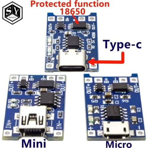 1PCS Great IT 5V 1A Micro USB 18650 type-c Lithium Battery Charging Board Charger Module+Protection Dual Functions TP4056 18650