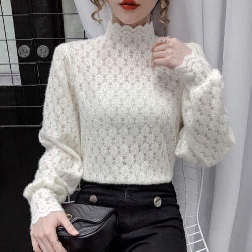 Blouse Women Womens Turtleneck Lace Top Fall/Winter Slim Long Sleeve Mesh Blusas Ropa De Mujer