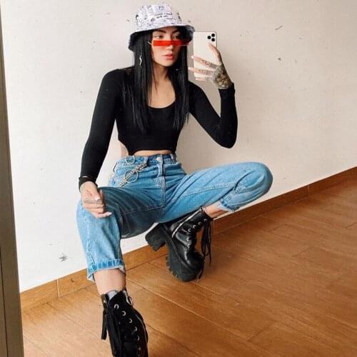 Womens Sexy Irregular Crop Top Casual Long Sleeve Scoop Neck Slim Fit Plain T-Shirt with Rings Party Wear Solid Color Tee