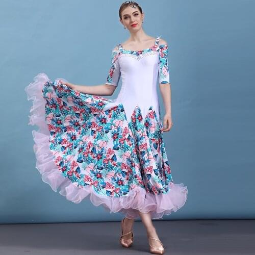 New Ballroom Standard Dance Practice Clothes For Women Elegant White Print Dress Waltz/Tango Stage Performance Costumes DQL3340