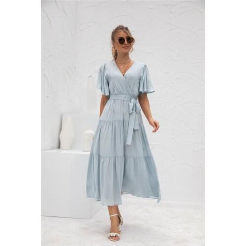 Womens Dress Summer 2021 Casual Dresses Solid Blue Sexy V Neck High Waist Dress Short Sleeve Female Clothing Commute Dress