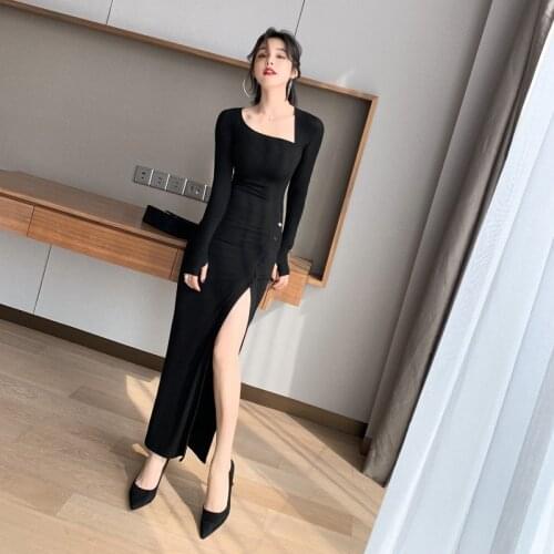 2021 Fashion Korean Elegant Ladies Button Slit Split Club Dresses Female Black Sexy Long Sleeve Women Bodycon Knit Dress