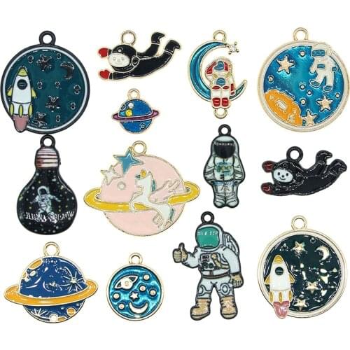 10pcs/lot 2021New Enamel Universe Astronaut Rocket Planet Mercury Charms for DIY Earring Girl Jewelry Handmade Findings XL1013