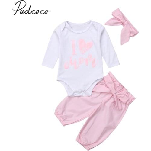 2018 Brand New Newborn Infant Baby Girls Boys Autumn Clothes 3PCS Love Mom Heart Long Sleeve Romper Tops+Pink Bow Pants+Headband