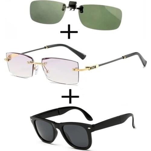 3Pcs!!! rimless frameless luxury Reading Glasses for Men Women + Alloy Polarized Sunglasses thin leg + Sunglasses Clip