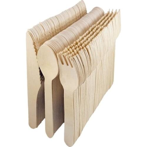 300PC Disposable Wooden Cutlery Set Home Party Dessert Spoons Knives Forks Dining Tableware