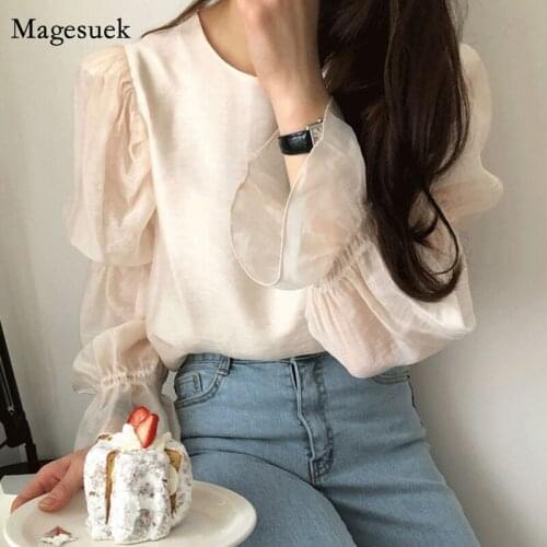 Spring O Neck Elegant Blouse Women Sexy Backless Bow Lace Up Design Blouse Ol Simple Puff Long Sleeve Shirt Blusas Mujer 14368