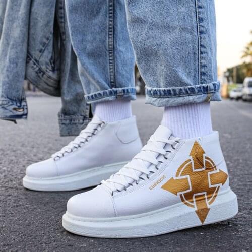 Chekich Womens Boots White Golden Arrows Pattern Faux Leather Lace Up Winter Season Unisex Shoes Men Mixed Color Comfortable Sport Snow Sneakers Yellow Printed High Quality Wedding Office Snow Non Slip CH263 Women V9