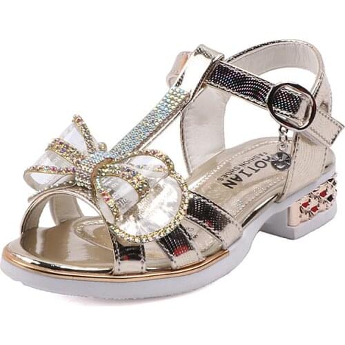CUZULLAA Kids Glitter Rhinestone Beach Sandals Shoes For Girls Butterfly-Knot T-Strap Sandals Children Summer Shoes Size 26-36