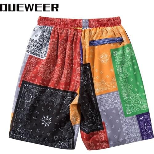 Dueweer Men Paisley Beach Casual Shorts Oversized Designer Summer Mesh Fashion Patchwork Floral Cotton Pants