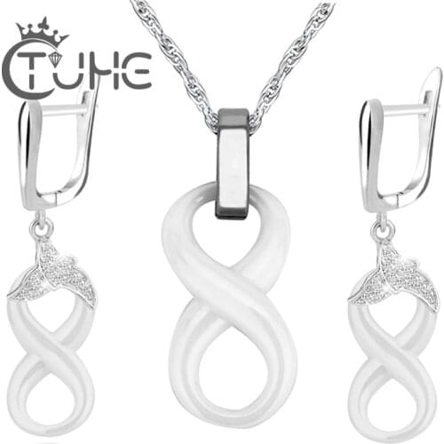Charm Fashion Infinity 8 Pendant Necklaces & U Shape Earrings Elegant White Jewelry Set For Women Clavicle Necklace Wedding Gift
