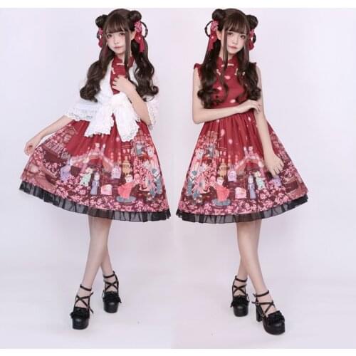 Cat Lantern Show Chinese Style Hanfu Ruqun Dress Lolita JSK Sleeveless Dress Cute Fairy Kei Fancy Party Dress Red & Black