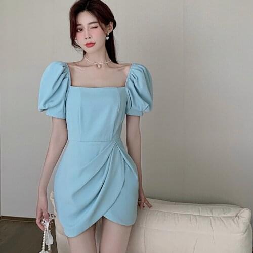French Dress Elegant Short Formal Party Dress Ruched Square Collar Puff sleeve Slim irregular Dress Club Japanes Style