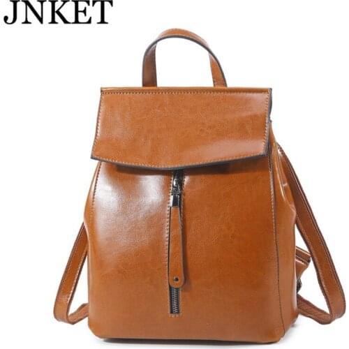 JNKET New Genuine Leather Women Bag Fashion Oil Wax Cowhide Backpack Womens Backpack Shoulder Bag Handbag