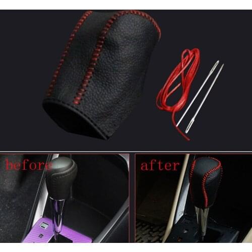 Leather Handmade Needle Thread Gear Shift Knob Shifter Cover Shell fit for Toyota Yaris 14 Car Styling Car Stickers Covers