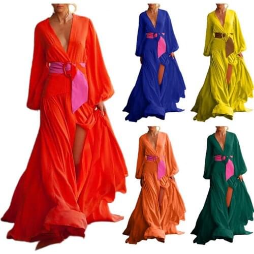 Hot Sales Deep V-neck Maxi Dress Long Puff Sleeve Women High Split Floor-Length Robe Dress Streetwear