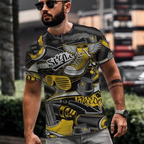 Mens 3d Street Graffiti T-shirt Short Sleeve Round Neck Fashion Trend Large T-shirt Modern Element Stitching Pattern