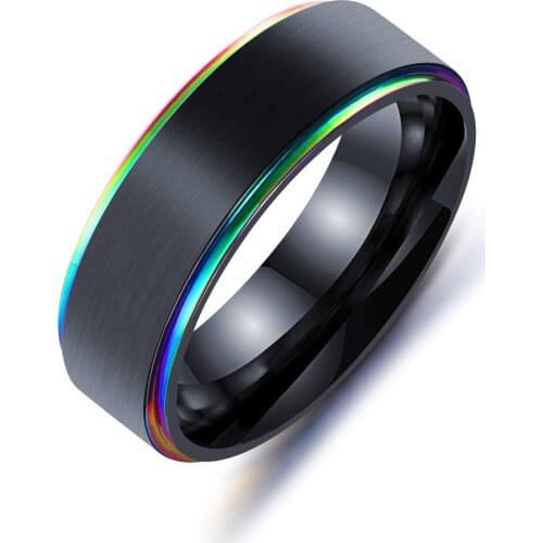Mens Black Stainless Steel Wedding Band Ring Two Tone Rainbow Line Polished Ring Comfort Fit Multi Color Jewelry Fraternal Rings