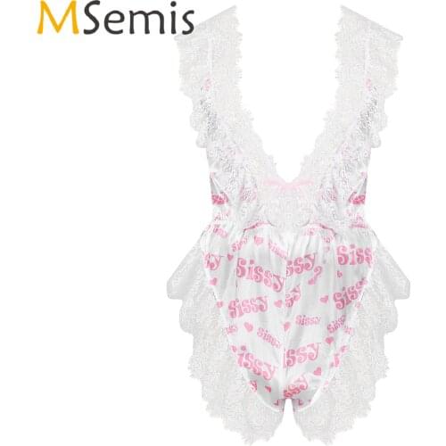 Mens Lingerie V Neck Lace Ruffled Bodysuit Letter Printing Sleeveless Satin Jumpsuit High Cut One-piece Pajamas Sissy Nightwear