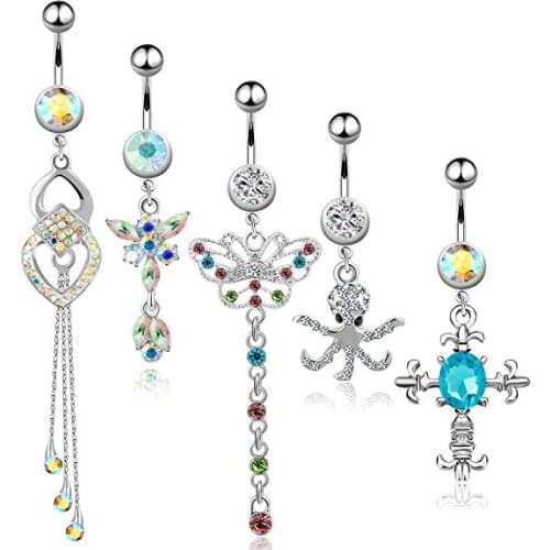 5Pcs Dangle Belly Button Rings Set Navel Surgical Stainless Steel 14G Body Piercing Jewelry