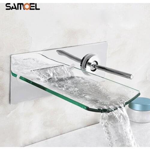 Wall Mounted Brass LED Concealed Glass Waterfall Bathroom Sink Mixer Tap Chrome Color Change Dual Hole Basin Faucet 1203C