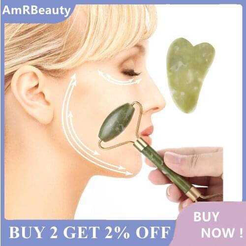 Natural Jade Roller Thin Face Massager Lifting Tools Slim Facial Gua Sha Green Stone Anti-aging Wrinkle Skin Beauty Care Set Box