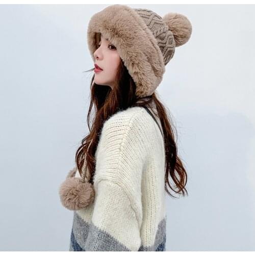 Women Winter Warm Thicken Plush Cable Knit Bomber Hat Solid Color Cute Pompom Windproof Snow Ski Earflap Trapper Cap